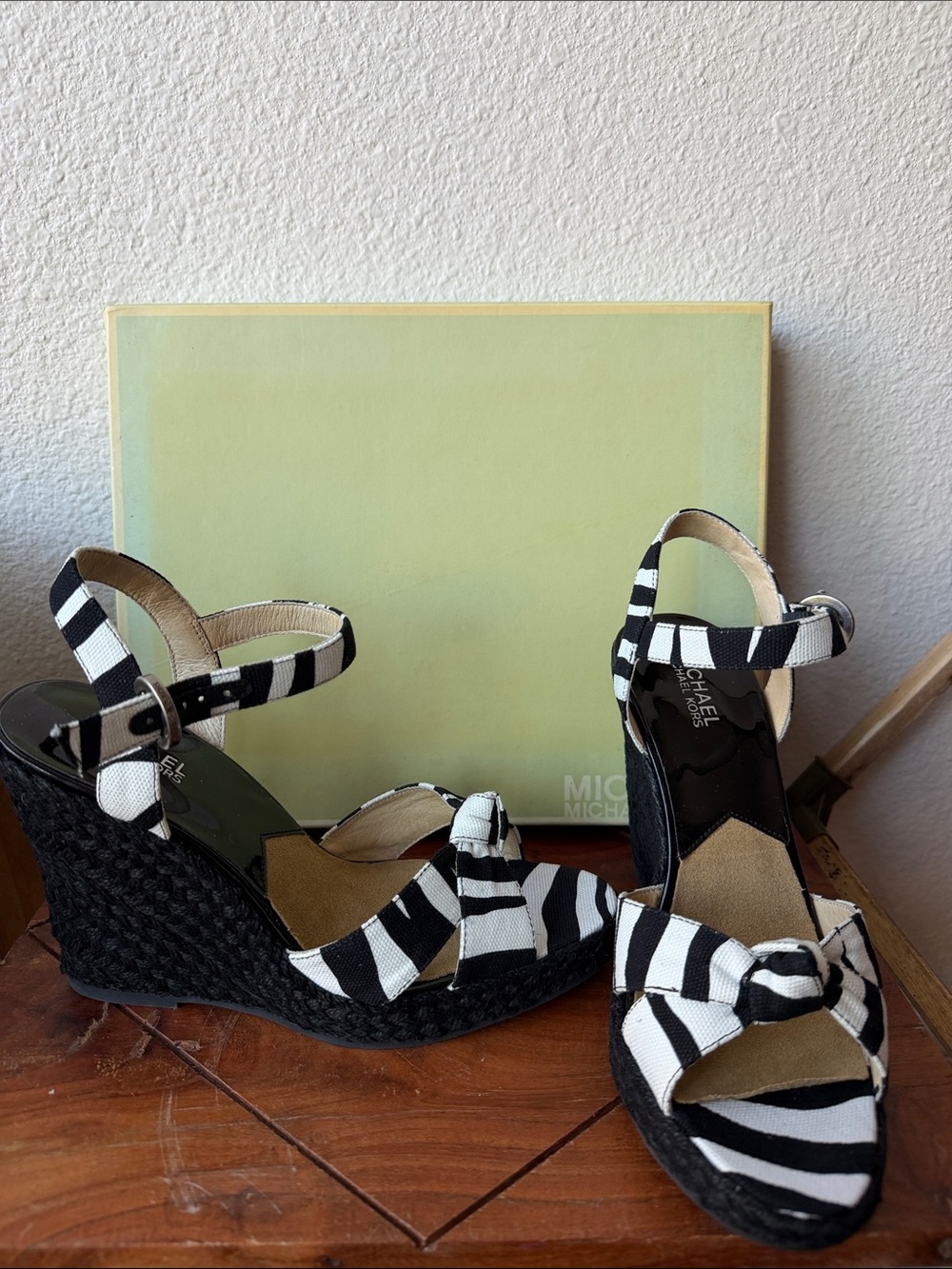 Michael Kors Black & White Striped Wedge Sandals